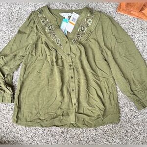 Market & Spruce Olive Green Embroidered Button-Front Blouse